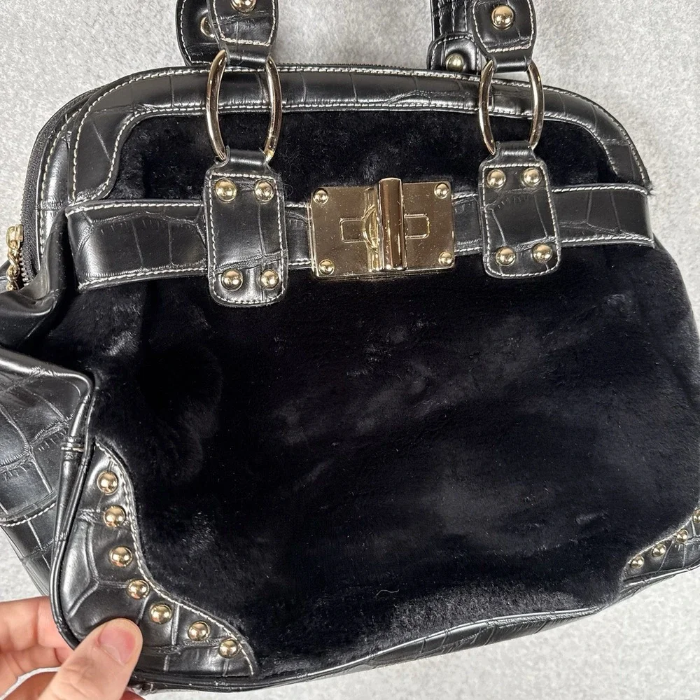 Kathy Van Zeeland Black Satchel Top Handle Zip Studded Bag Charm
